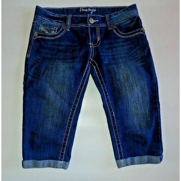 Amethyst Crop Jeans Junior Size 7 Blue Top Stitch Medium Wash Stretch Distressed - Picture 1 of 4